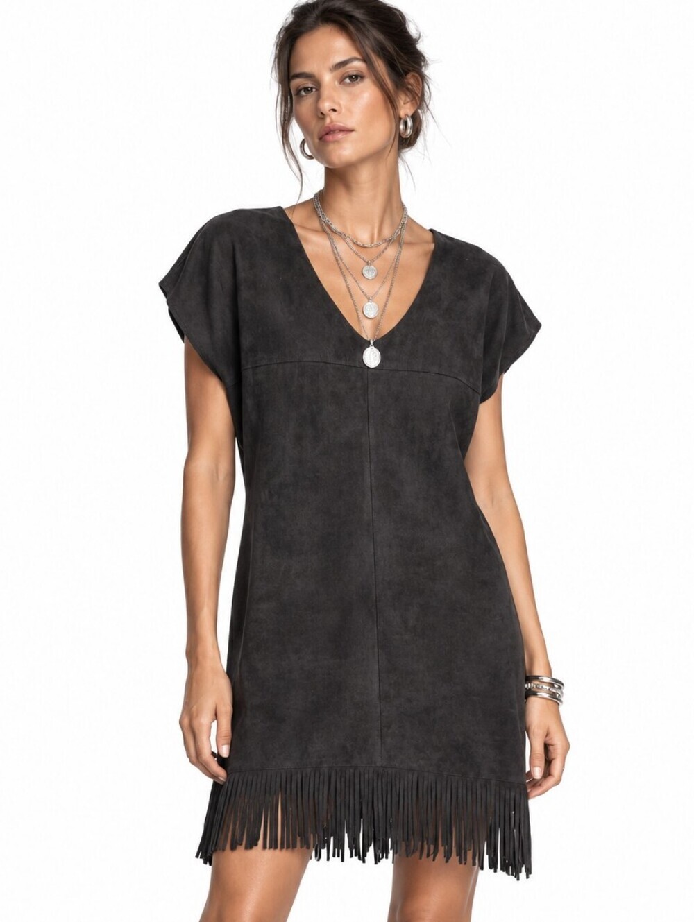 Chico's Faux Suede Black Fringe Sheath Midi Dress